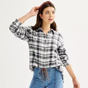 NWT Juniors'/Womans' SO Core Flannel Shirt-XXL-Gray White Plaid